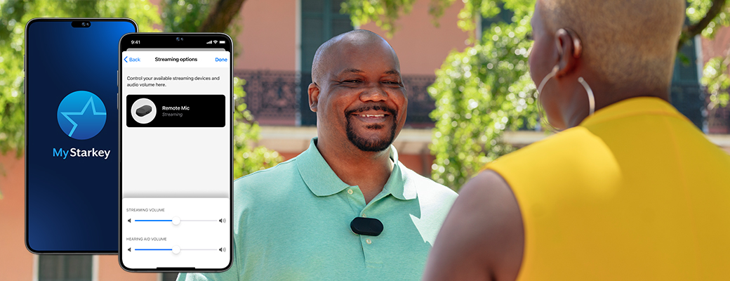 Image of the My Starkey app and a man talking to a female hearing aid wearer 